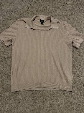 H&M Regular Fit Large Beige Ribbed Knit Short Sleeve Shirt Neutral Minimalist